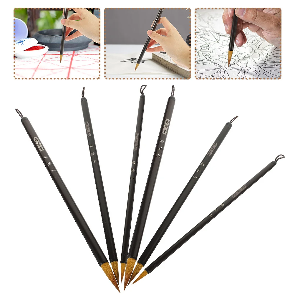6Pcs Traditional Chinese Calligraphy Brush Set Wolf Hair Fine Tip Soft Flexible Bristle for Ink Painting Writing Line Drawing