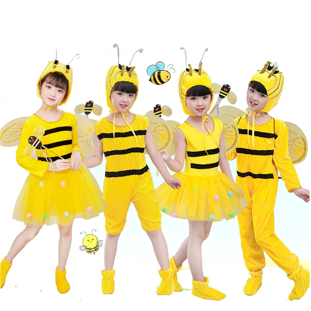 Bijenkostuum Kinderen Halloween Cosplay Set Bijenjurk met Vleugels Hoofdband Beenmouwen en Haarhoepel voor Show Dress Up - afbeelding 2