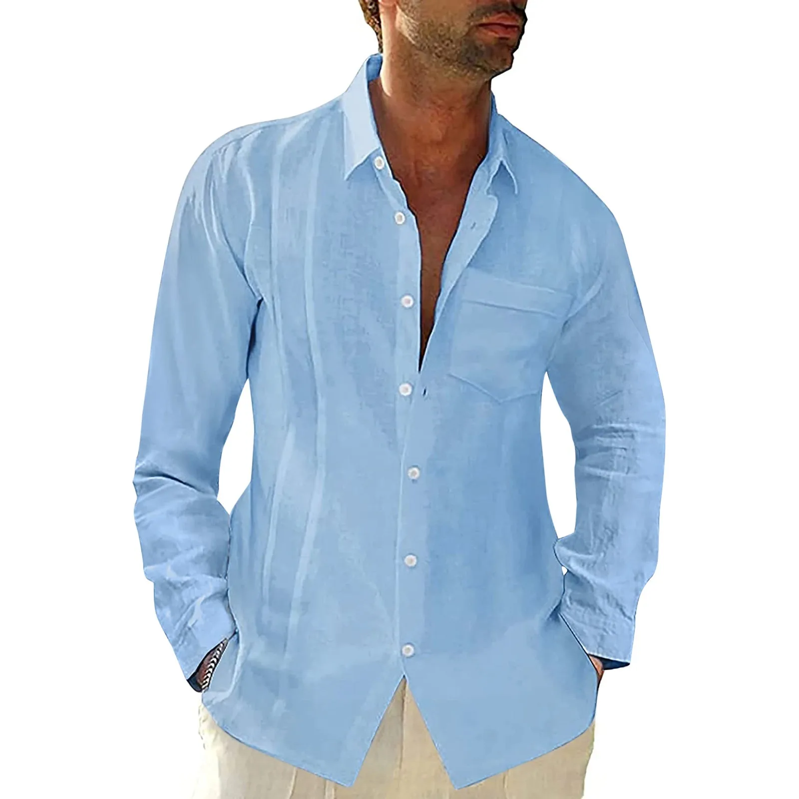 Camisa de manga larga con botones para hombre, blusas de línea de algodón informales, Tops con vuelta sólidos, jerséis azules de una sola botonadura, Camisas transpirables