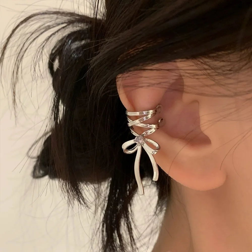 Light Luxury Tie Bow Ear Clip Lace Up Metal Metal Clip Non-Piercing Cuff Earrings Female