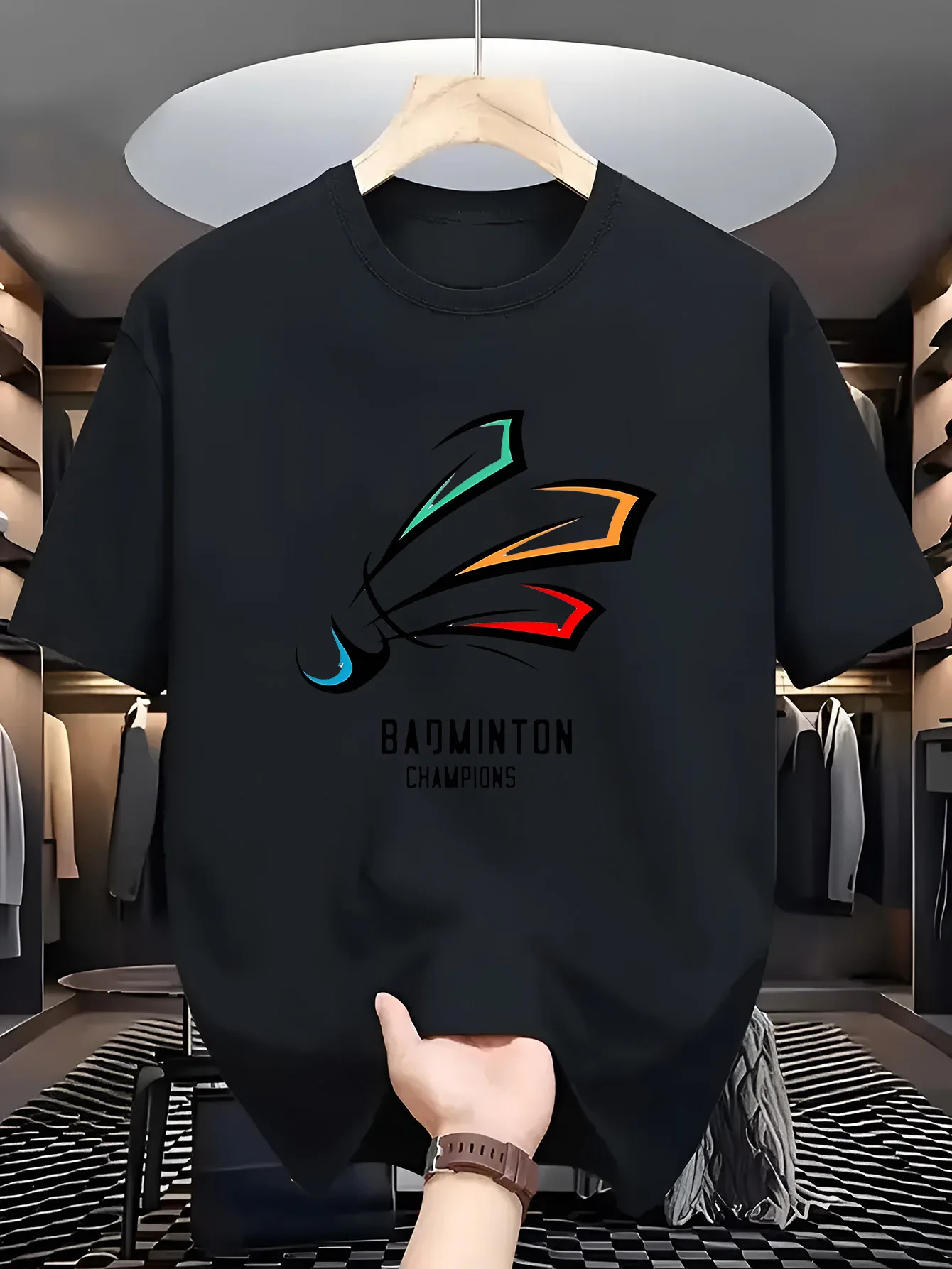 Men's Badminton Champions Shuttlecock Graphic T-shirt Casual Sport Short Sleeve White Tee Athletic Training Shirt