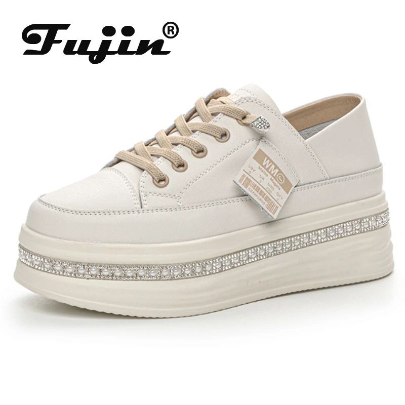 

Fujin 5cm Rhinestone Platform Wedge Shoes Spring Vulcanize Walking Sneakers Fashion Chunky Autumn Genuine Leather Women Shoes