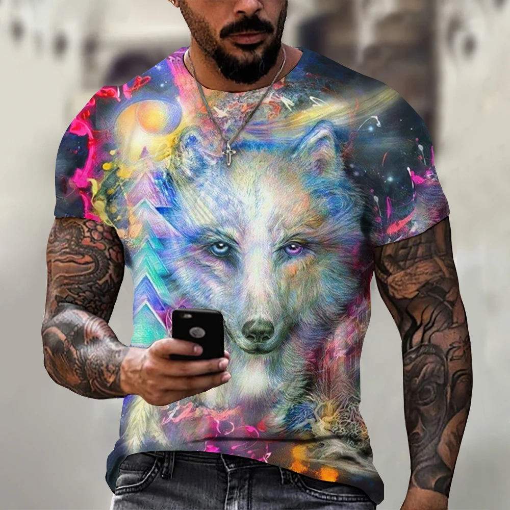 Wolf print men\'s handsome T-shirt new summer casual T-shirts men\'s outdoor short sleeved T-shirt comfortable street clothing top