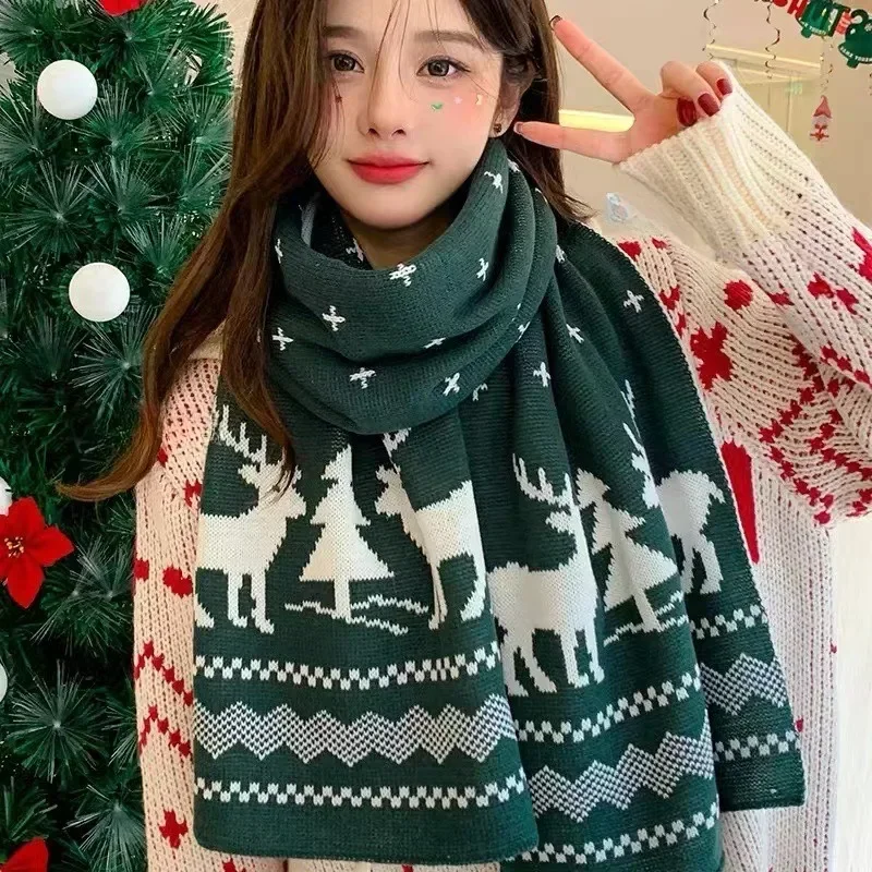 Knitted Big Christmas Scarf Winter Thicken Double-sided Warm Deer Elk Snowflake Printed Shawl Women Men Fashion Neckerchiefs