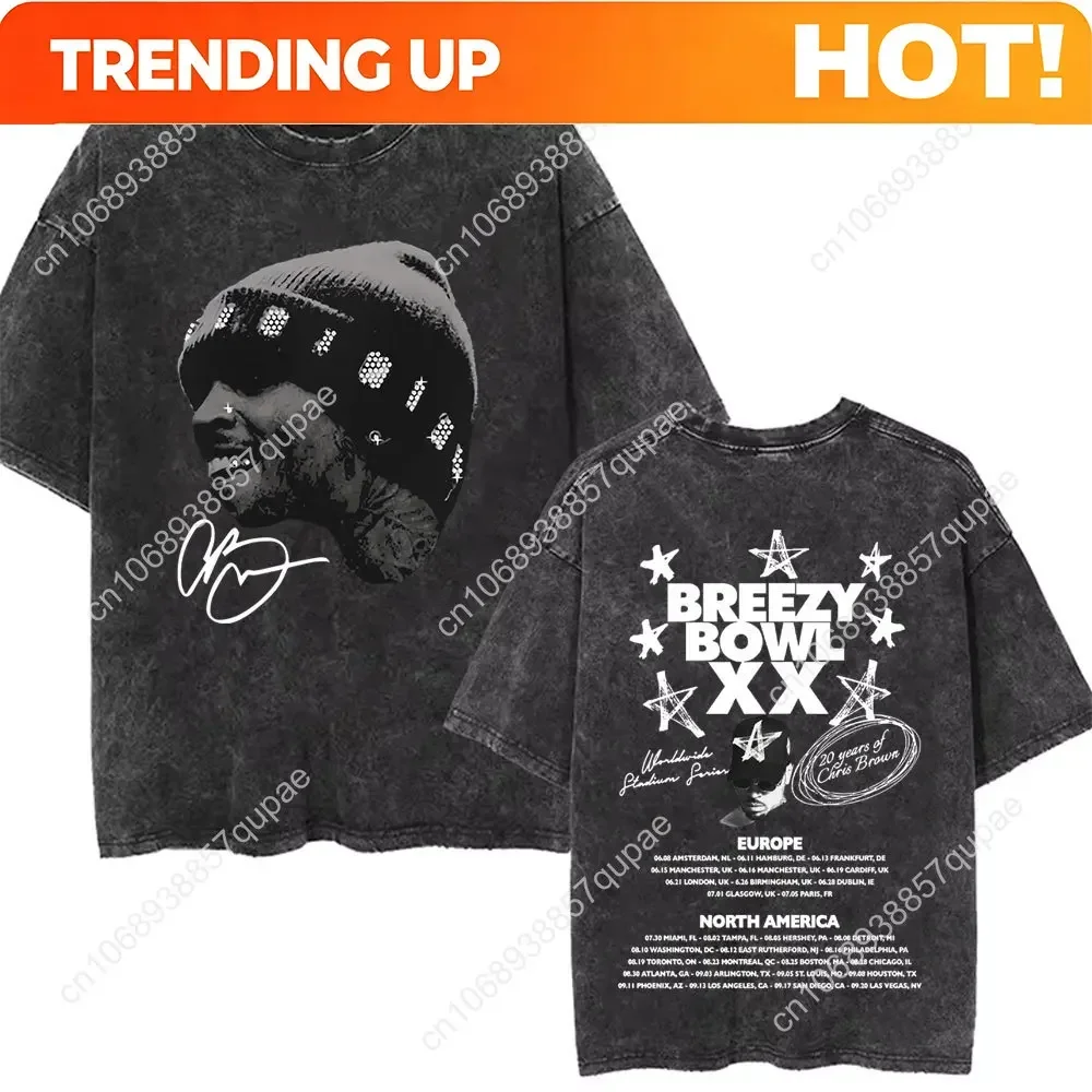 Customization Shirt 2025 Retro Washed Chris Brown Breezy Bowl XX Tour Graphic T Shirts Men Hip Hop Fashion Casual T-shirts Unise