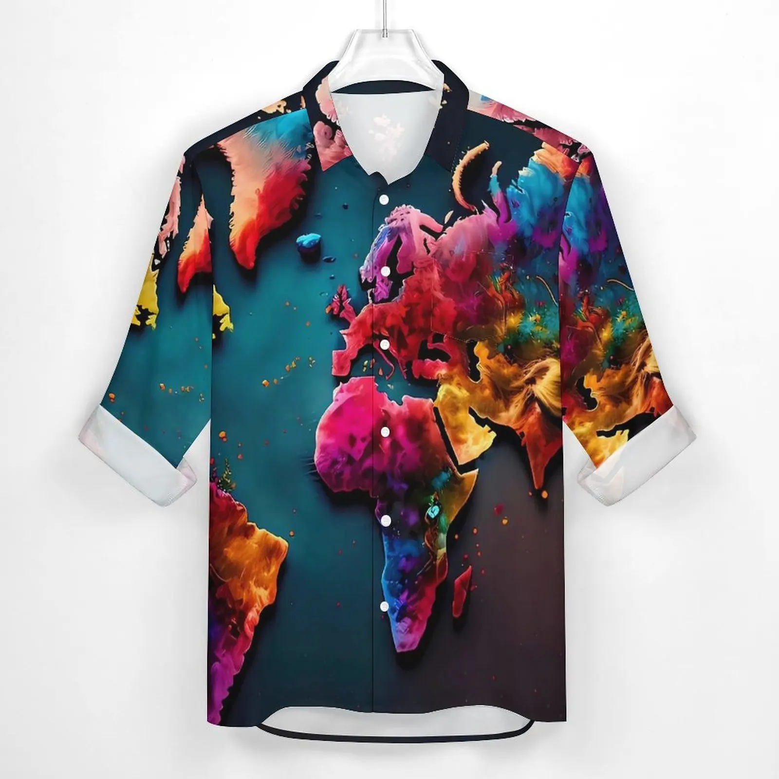 Colorful World Map Shirt Autumn Map Of The World Casual Shirts Man Trendy Blouses Long Sleeve Custom Y2K Clothing Plus Size 4XL