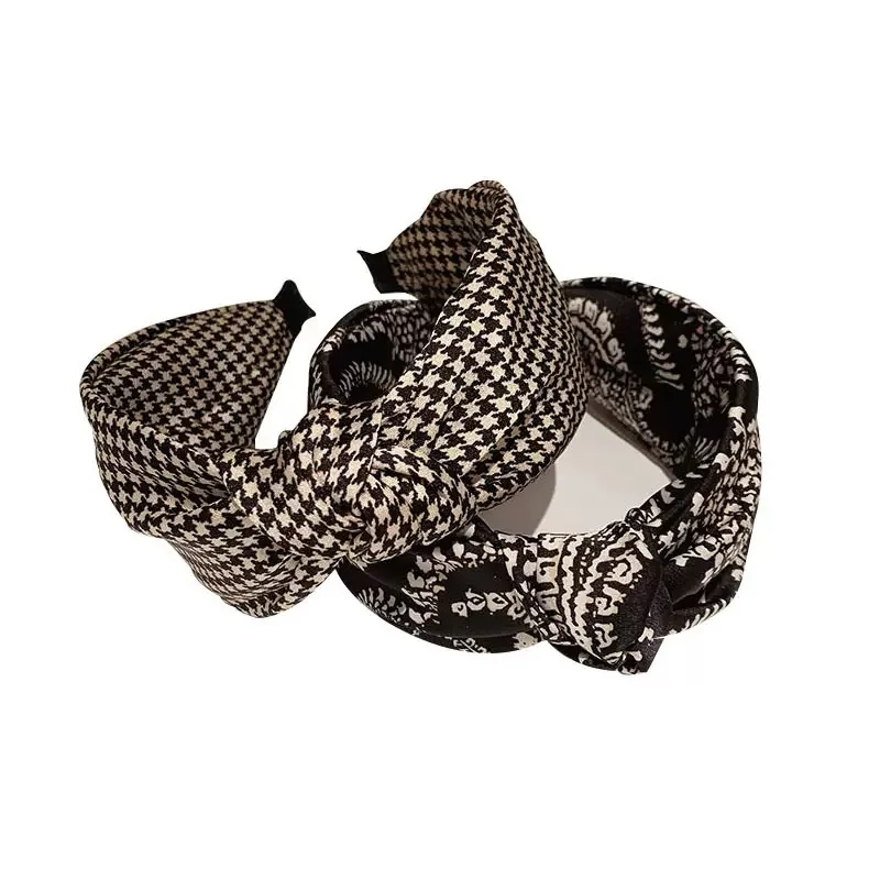 Retro Plaid Temperament Spleißen Kreuz Breite Krempe Stirnband Vielseitige Haar Zubehör Für Frauen – Detail 2