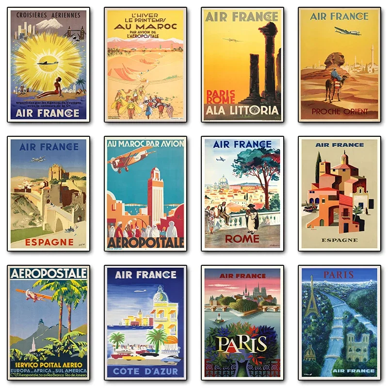 Vintage Air France Reiseposter Indien Marokko Riviera Paris Leinwanddruck Wandkunst Home Decor Geschenke