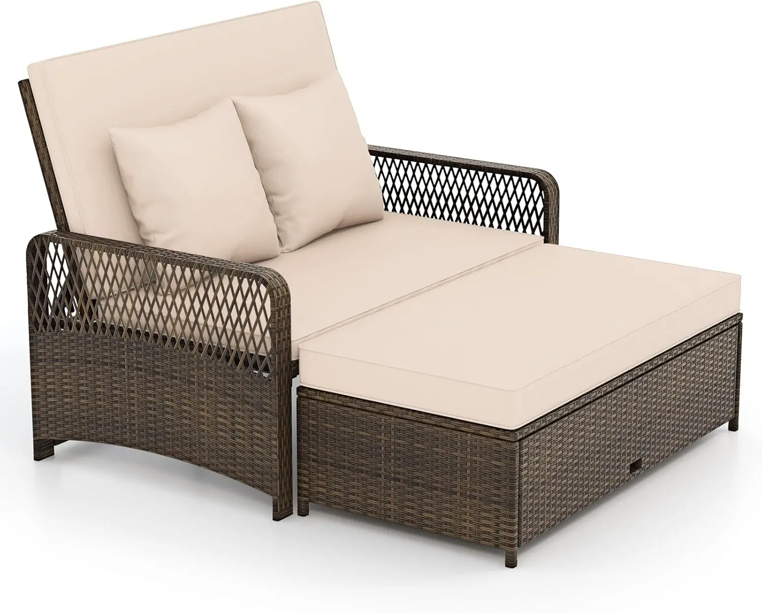 Patio Adjustable Wicker Daybed, Rattan Loveseat & Storage Ottoman w/ 4-Level Backrest & Soft Cushions, Space-Saving 2-Person