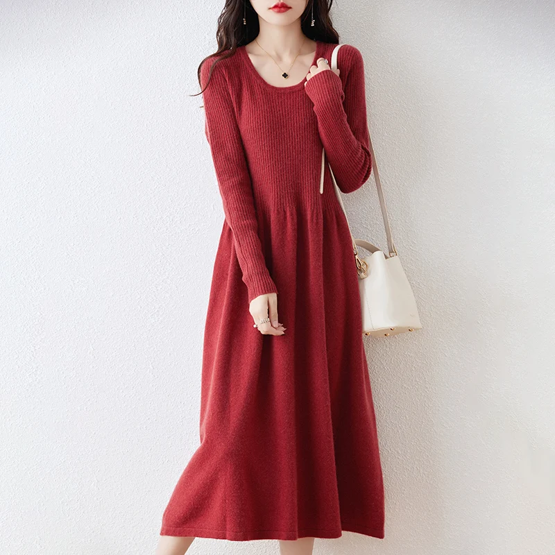 Round Neck Cashmere Dress Women\'s Long Pullover Sweater Autumn And Winter New Knitted Over-The-Knee 100% Pure Wool Skirt