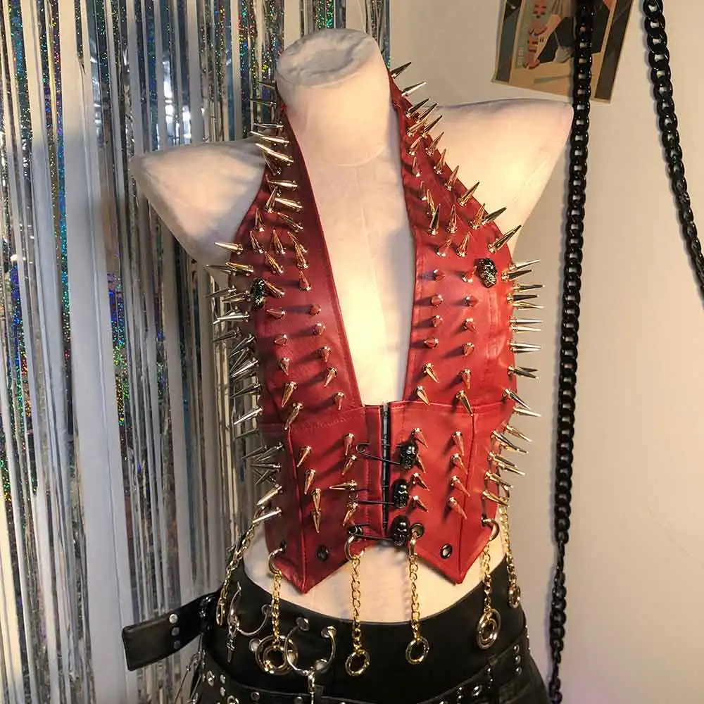 

Эко кавайная искусственная кожа E-Girls Гот Харадзюку Панк-рок Гранж с шипами Заклепки Ручная работа Y2K Холтер Камзол Топы Готическая булавка Эмо