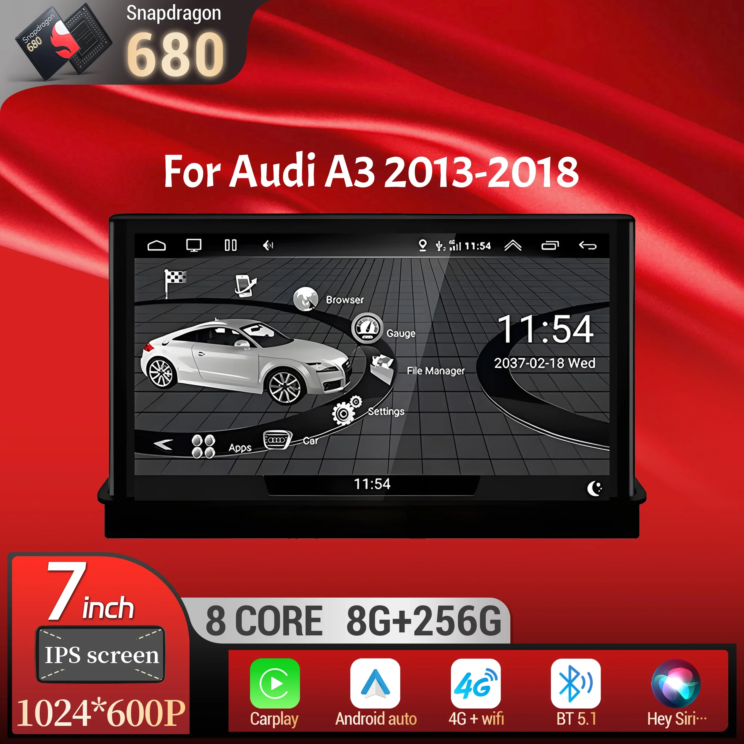 

7 inch Android 14 For Audi A3 2013-2018 Wireless Bluetooth Carplay Head Unit Qualcomm Snapdragon 680 Touch Screen Stereo System