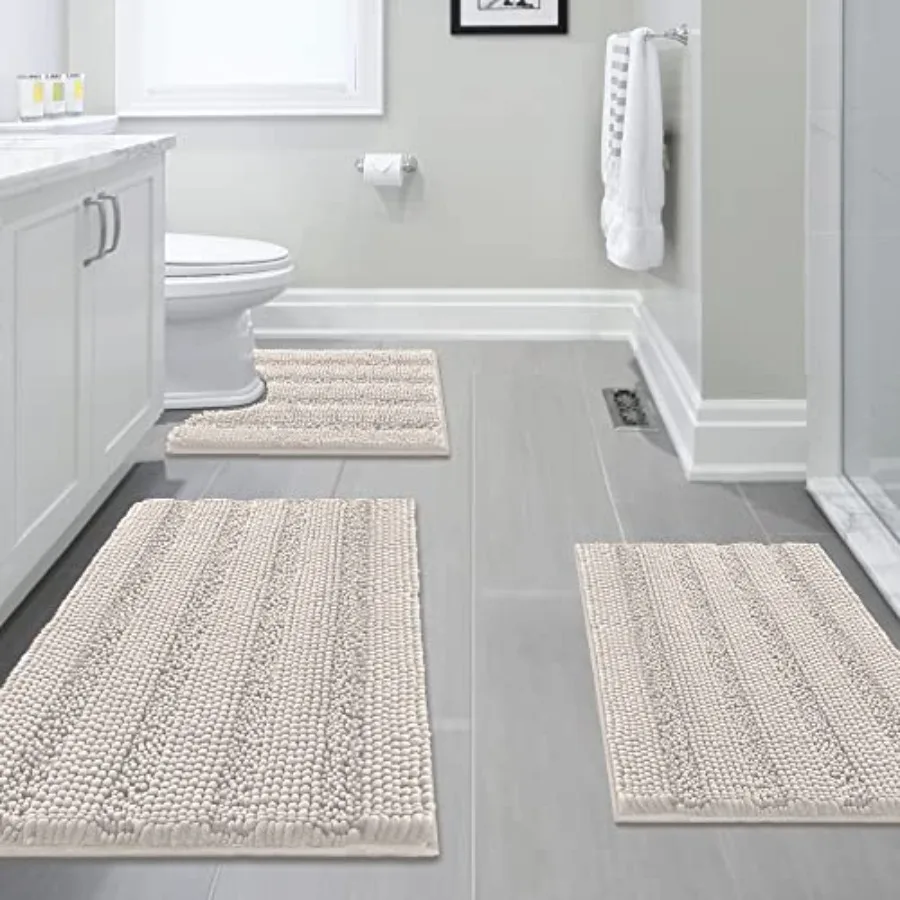 

3 Pcs Thick Striped Bath Rugs Set for Bathroom Non Slip Soft Absorbent Bath Mat for Tub Shower and Toilet 17''x24''+20''x32''+2