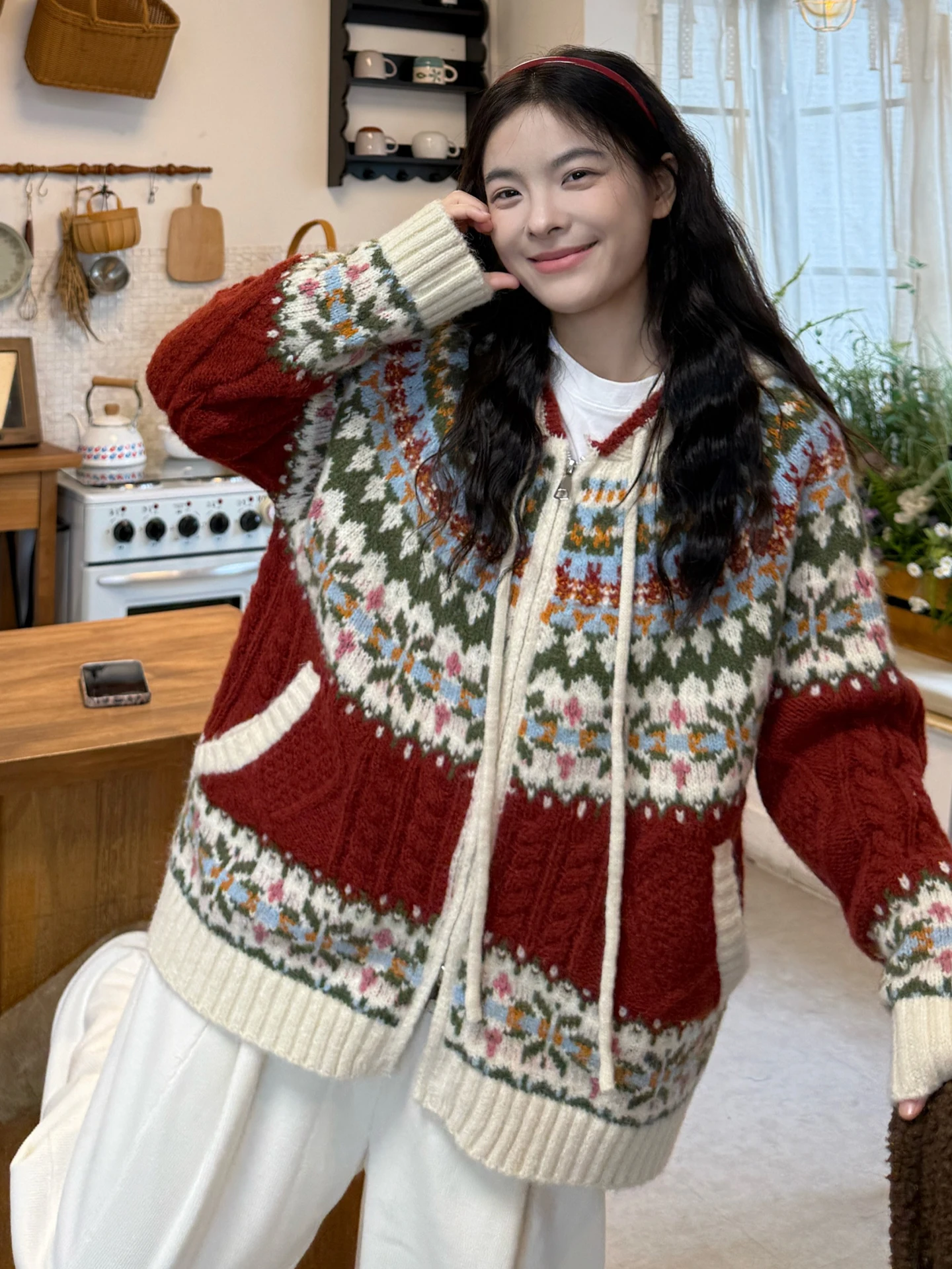 

Вязаный кардиган в стиле ретро Fair Isle с цветочной вышивкой, женский, осенне-зимний, больших размеров, свободный, повседневный, верхняя одежда