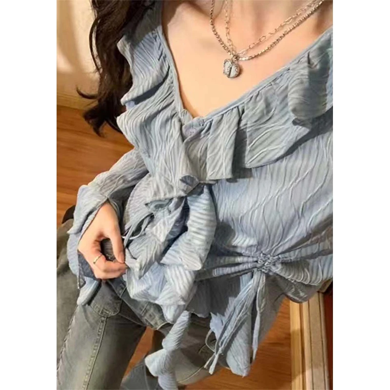 Streetwear Ruffles Shirts Women Elegant Flare Long Sleeve Sun Proof Blouses Korean Fashion Drawstring Slim Sun Protection Tops