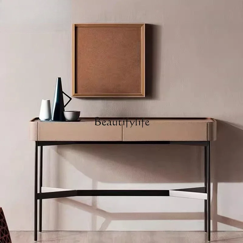 

01Italian minimalist entrance entrance table entrance table saddle leather decorative cabinet