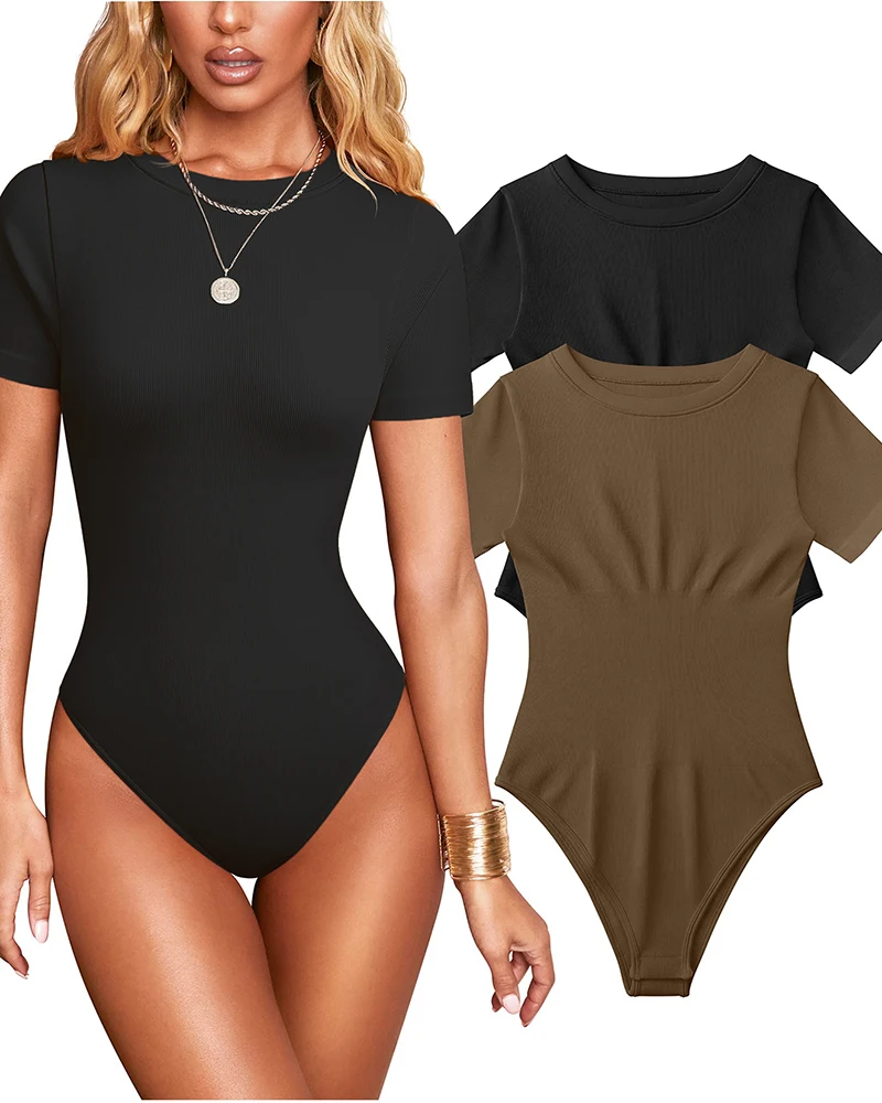 Seamless Shaperwear Women\'s Bodysuits Sexy Ribbed One Piece O-Neck Short Sleeve Double Lined Thong Tummy Control Body Shapers