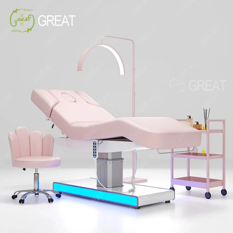New Design Beauty Salon Furniture Silver Base Salon Cosmetic Bed Modern Luxury pink Spa Massage Table with Lights