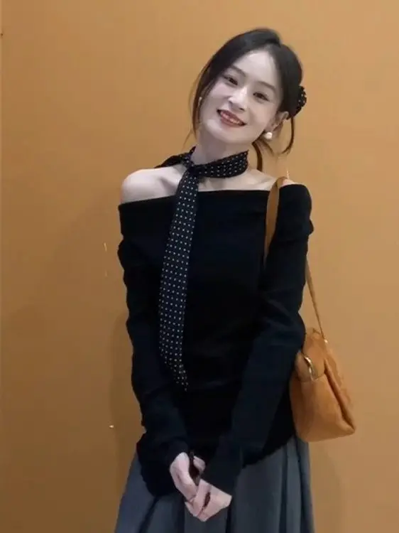 

Осенне-зимний асимметричный вязаный топ в корейском стиле для женщин, мягкий, на одно плечо, с вырезом-лодочкой, в горошек