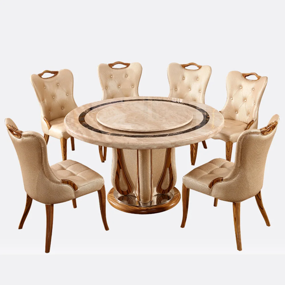 European Style Luxury Dining Table High End Round Rotary Corner Marble Table Top Dining Table Set