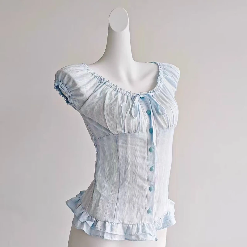 Vintage Sweet Lolita Shirt Y2K Goth Square Neck Bubble Sleeve Strap Lace Ruffle Hem Slim Casual Top Harajuku Fairy Style T-shirt