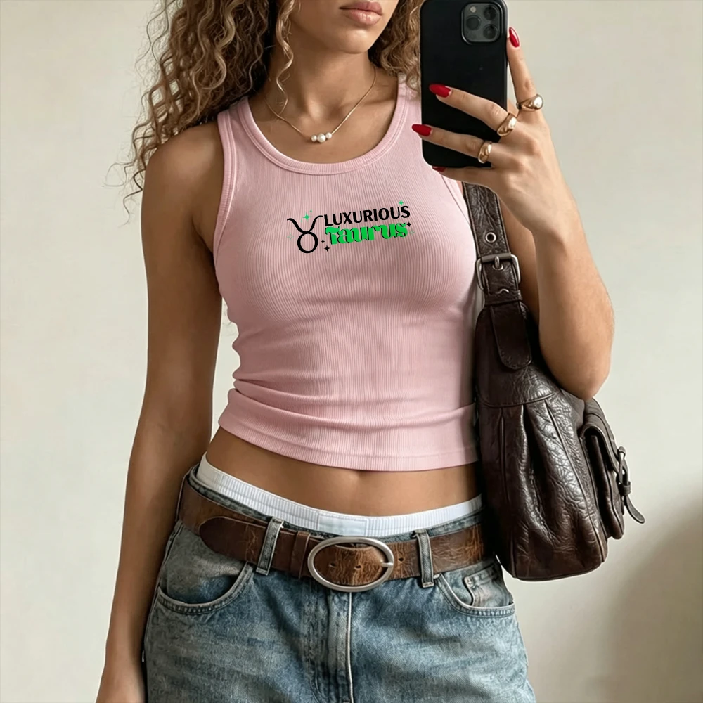 Luxurious Taurus Zodiac Symbol Green Letter Camisole Ribbed Tank Top Crop Y2k Top Ladies U Neck Sleeveless Bodycon Cropped Vest