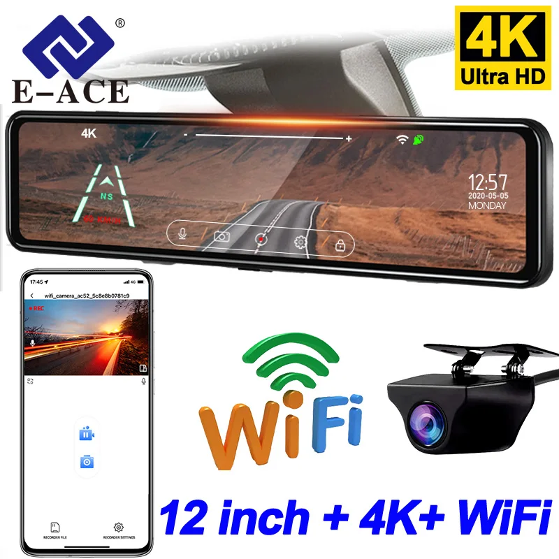 E-ACE מצלמת מקף 4k לרכב 12 'אוטומטי מקליט וידאו תמיכה 1080p תצוגה אחורית מצלמה אחורית רכב תיבת לוח מחוונים מצלמה