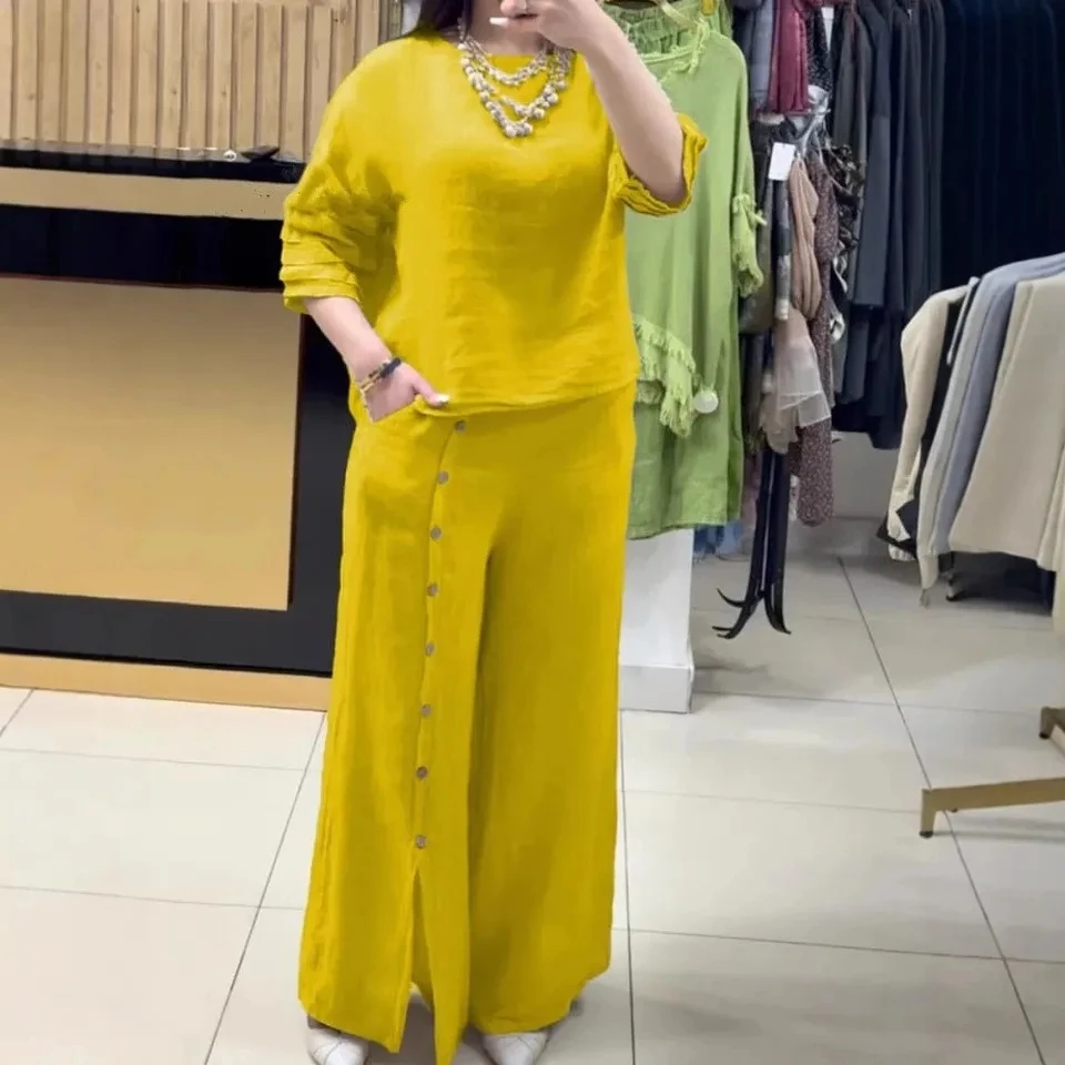 

Fashion Button Slit Wide Leg Pants Woman Suit Summer Casual Retro Cotton Linen Short Sleeve O Neck Loose Pants 2 Pieces Women's