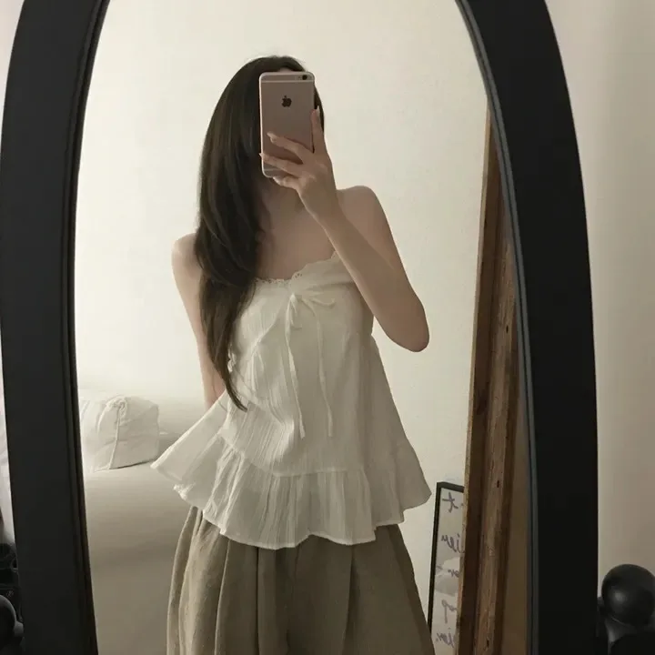 

Korean Style V-Neck Lace Splice Knot Strapless Vest Women's Pure Color Sleeveless Top Summer New Arrival