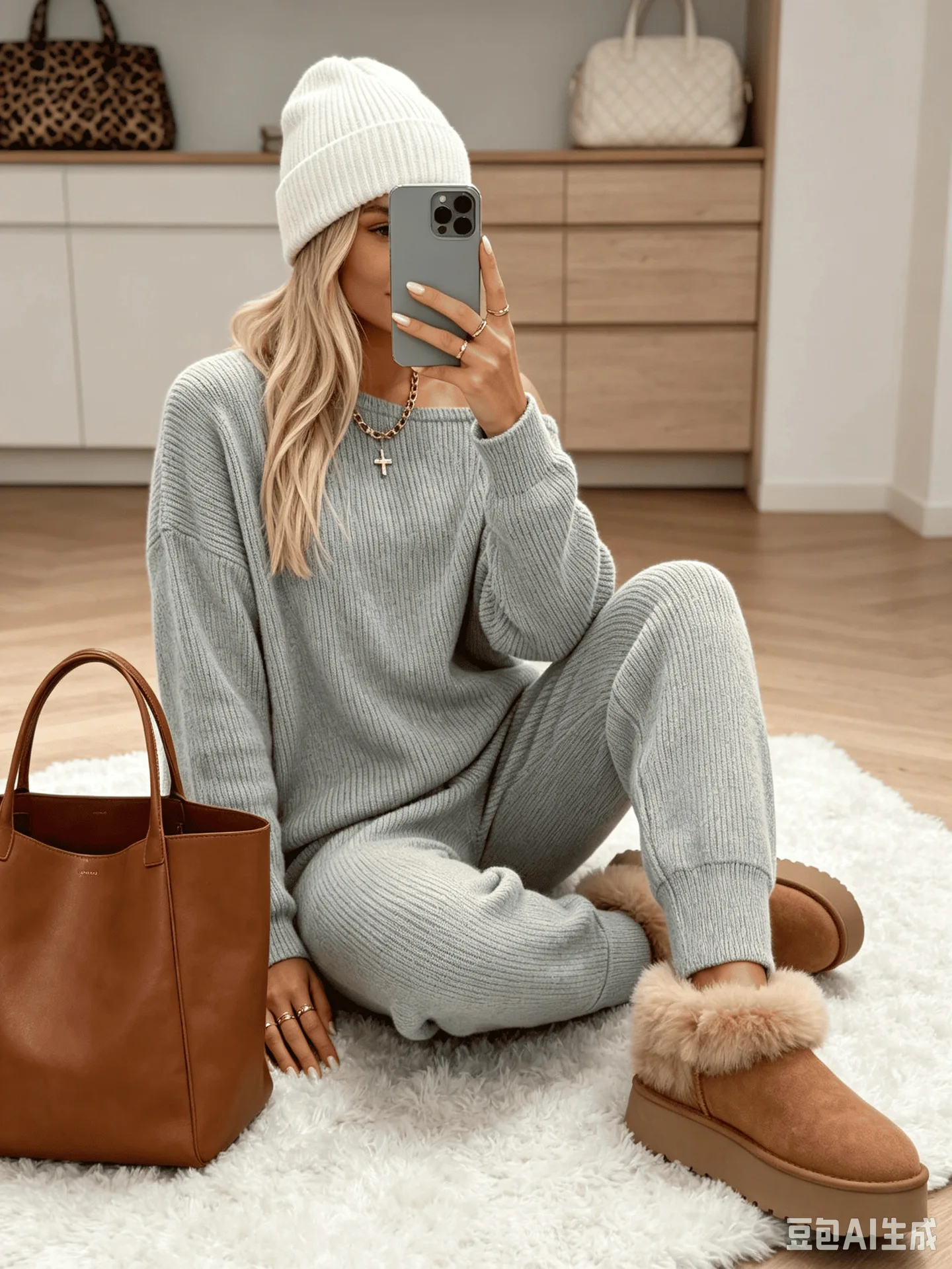 Damen-Strick-Set, bestehend aus zwei Teilen: lockerer Pullover mit langen Ärmeln + Jogginghose, lässige Freizeitkleidung, Trainingsanzug, Größen S–XXL, passende Sets. – Detail 5