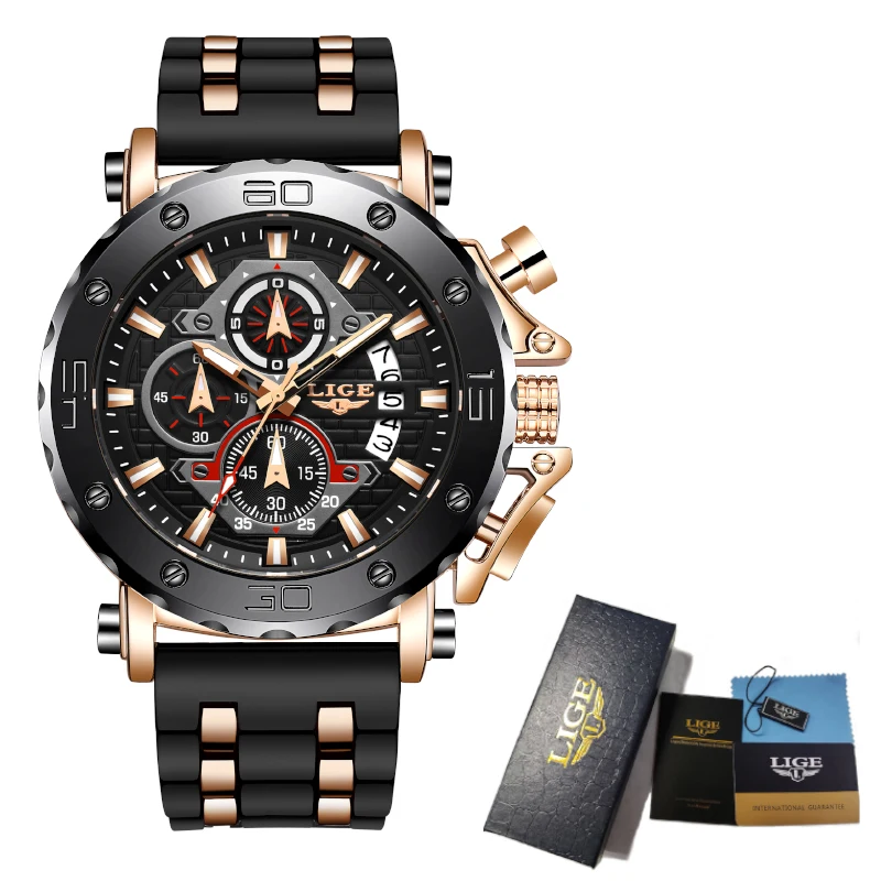 LIGE Top Brand Luxury Casual Sport Watch Creative Chronograph Silicone Strap Date Luminous Waterproof Big Men Watches Male Clock