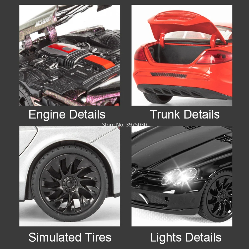 1:24 Benz SLR Modelli di auto Pressofusi in lega Ruota giocattolo Tirare indietro Auto sportiva in miniatura con musica leggera Veicolo Decorazione per bambini Regali