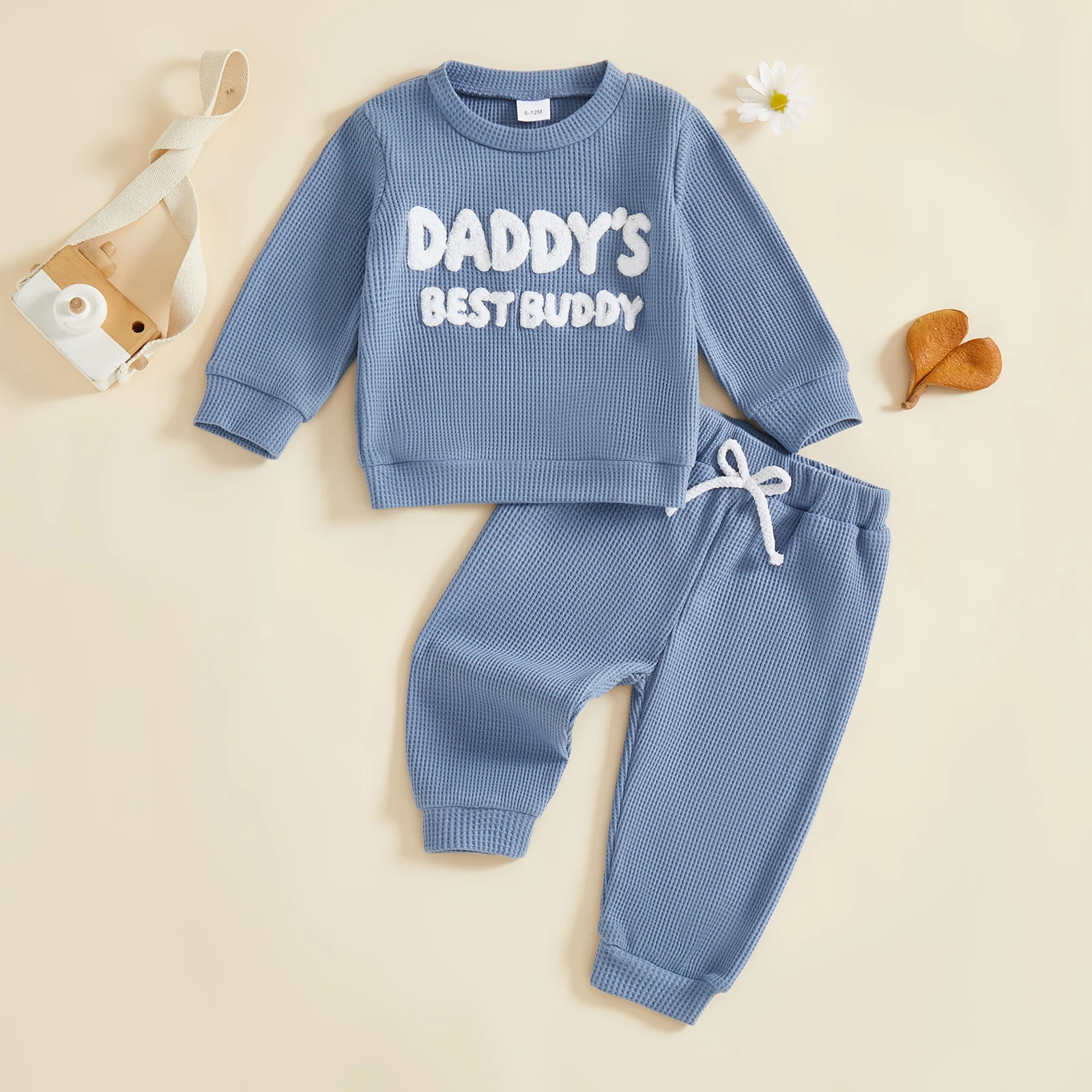 

Осенне-зимний наряд для младенцев, вафельная одежда для маленьких мальчиков, толстовка с длинными рукавами и эластичные штаны с надписью, комплекты для детей 6, 12, 18, 24 месяцев