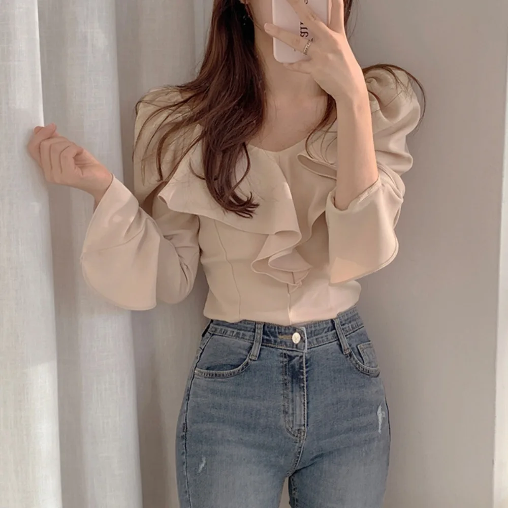 Lace Up Ruffle Neck Chiffon Blouse Women 2024 New Autumn Pleated Puff Long Sleeve Elegant Shirt Pearl Top