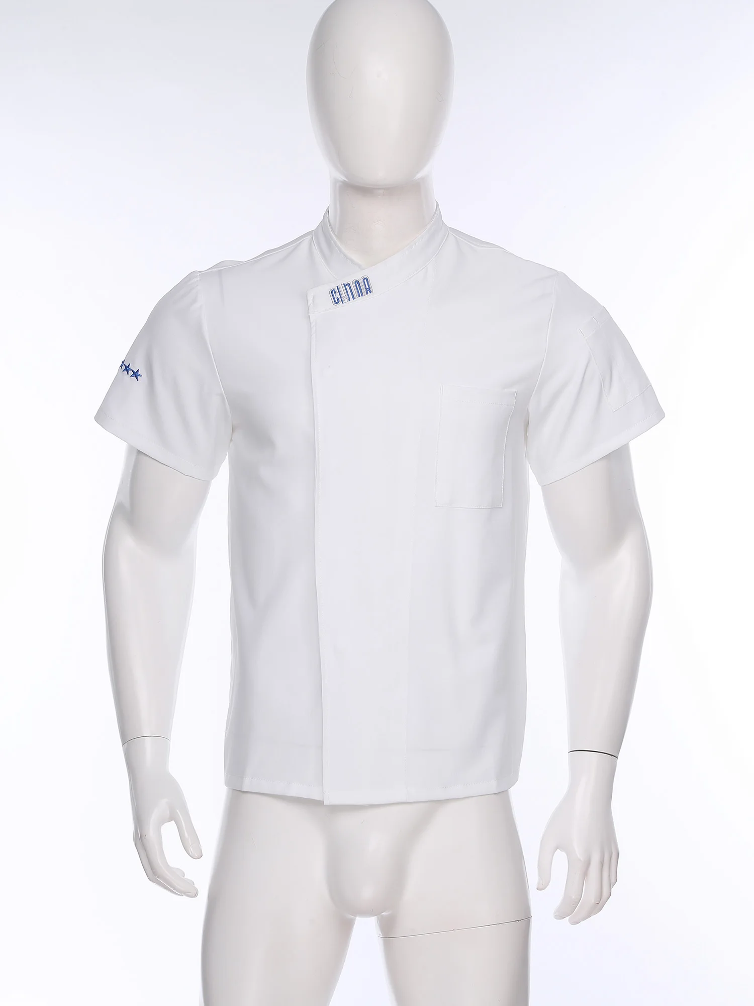 Chaqueta de cocinero bordada para hombre y mujer, camisa de cocinero de seda helada con botones de manga corta, blusa, ropa de trabajo para restaurante, Hotel y cocina