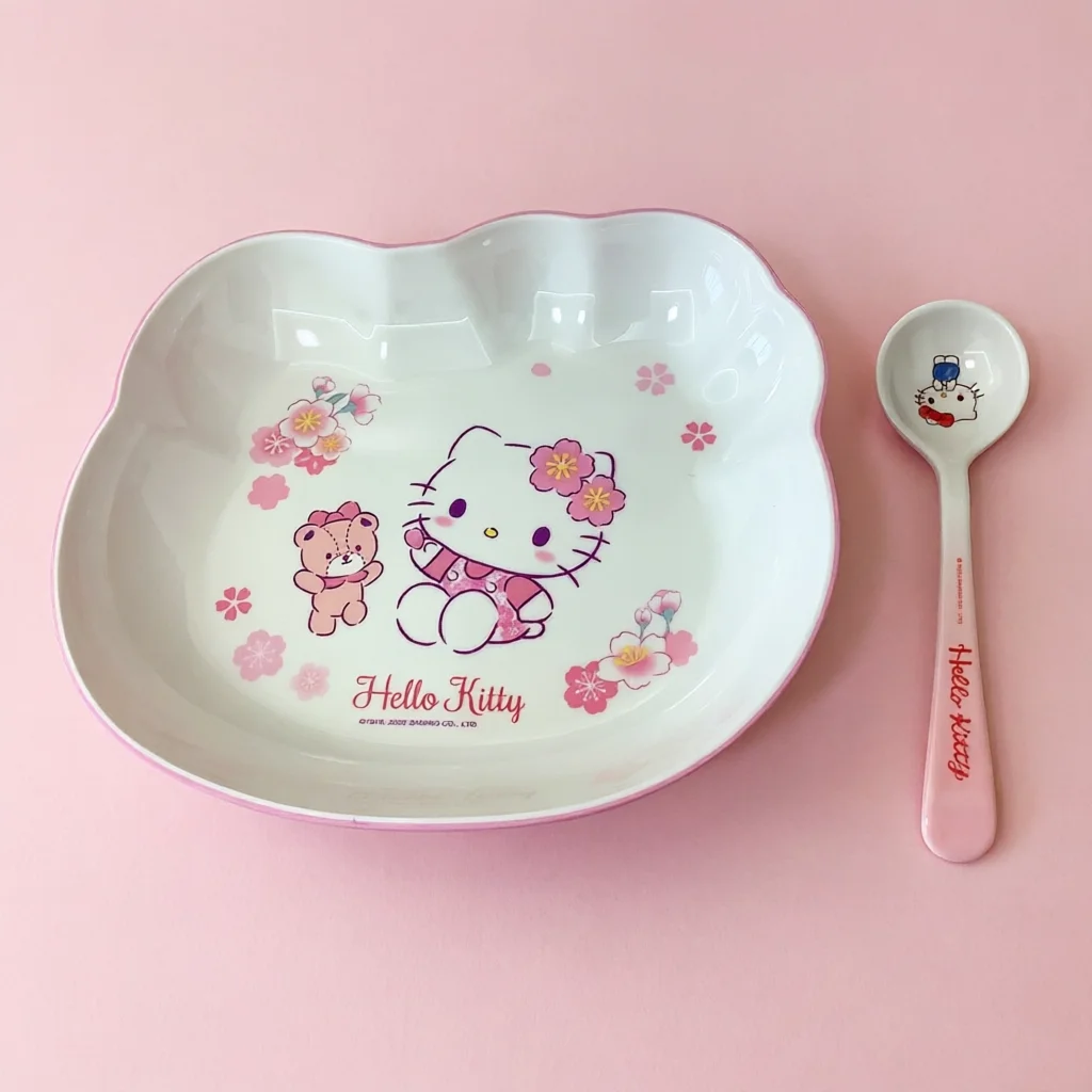 WUHE Hello Kitty Kids Melamine Tableware Set Head-Shaped Plate Spoon Cartoon BPA-Free Unbreakable Dinnerware Dishwasher Safe ﻿ ﻿