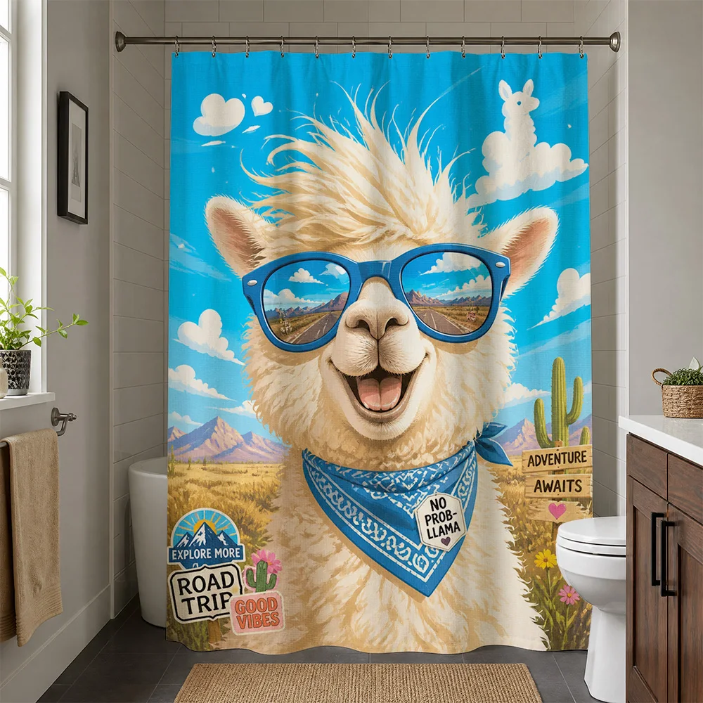 Funny Alpaca Face Shower Curtain Blue Sky Adventure Vibes Road Trip Cute Bathroom Decor