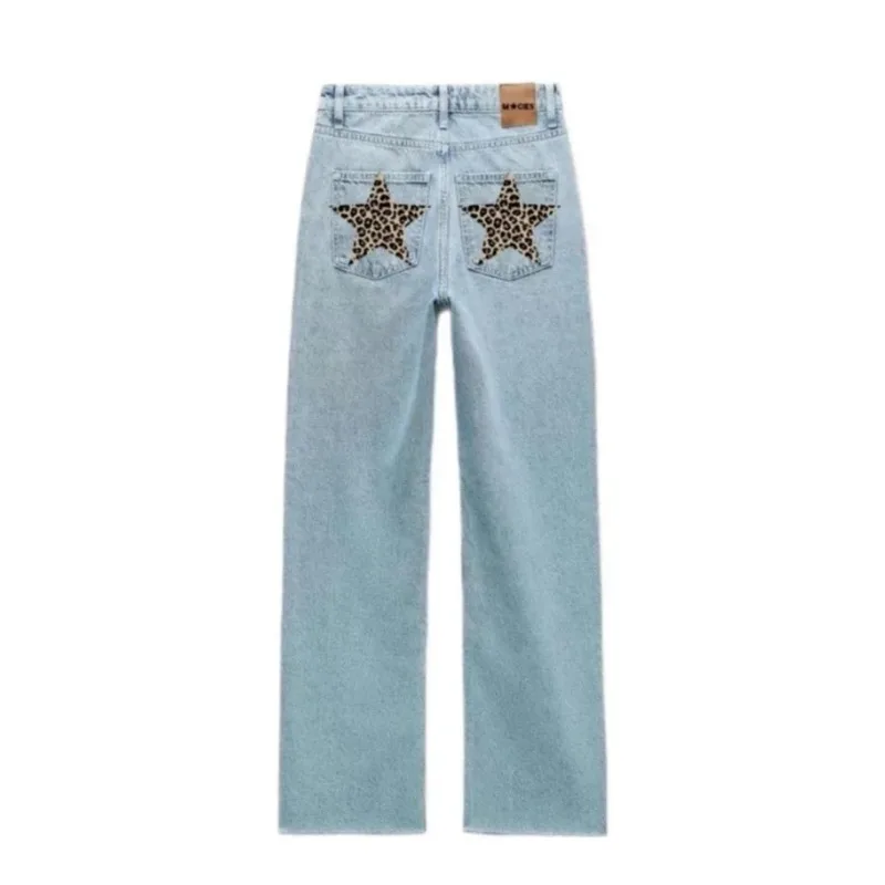 Five-pointed star leopard print pattern embroidered high quality jeans for women Y2K American winter warm oversized sweatpants