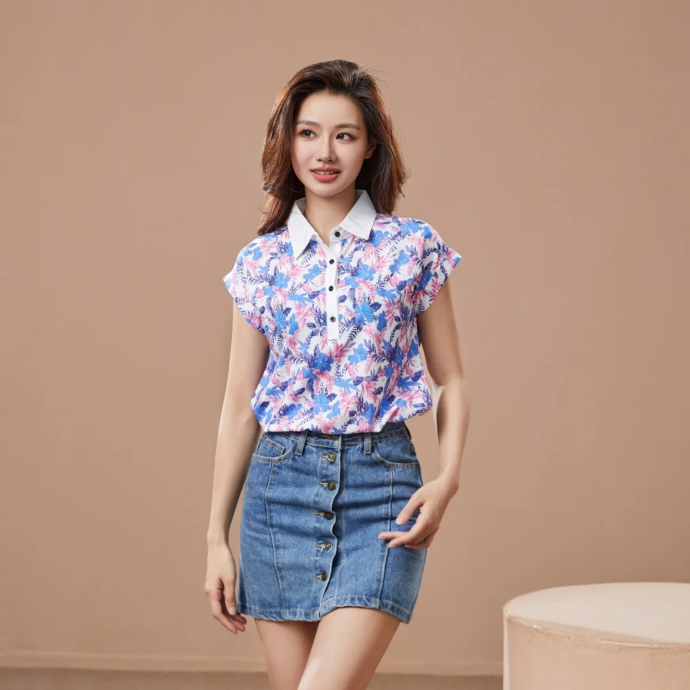 Women Spring Summer Style Blouses Shirt Lady Casual Short Sleeve Turn-down Collar Printed Casual Loose Tops