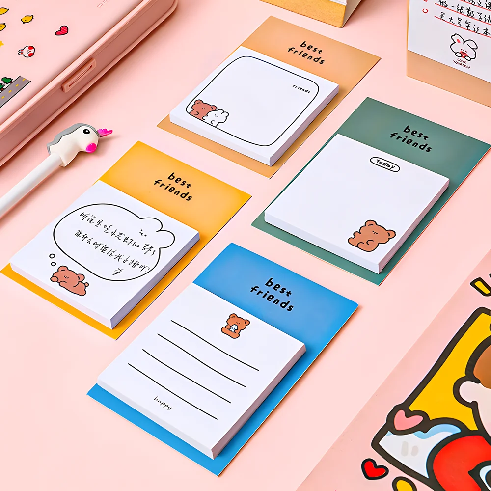 Notes autocollantes mignonnes d'ours Kawaii pour la rentrée scolaire, bloc-notes drôle, bloc-notes de poste, fournitures de bureau, liste de contrôle d'agenda de licence