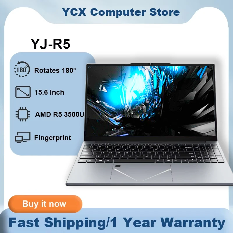 YJ-R5 ordinateur portable à empreintes digitales AMD R5 3500U 15.6 pouces 60 Hz Windows 11 ordinateur portable DDR4 MAX 32GB 2 * SSD 5000mAh 1920x1080 ordinateur portable de jeu