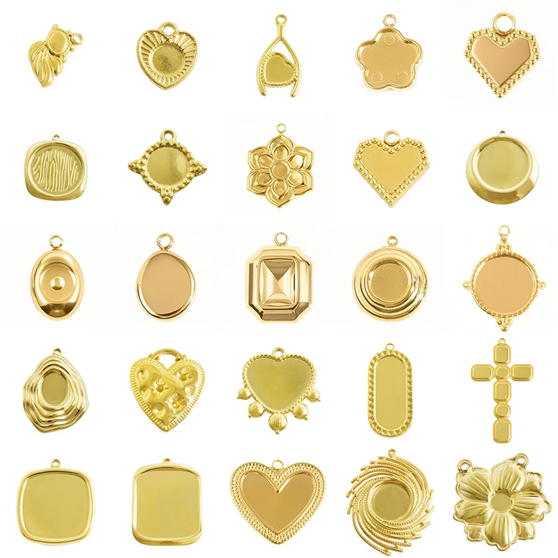 

5pcs Geometric Cabochon Base Setting Tray Blank PVD Charm Heart Cross Flower DIY Stainless Steel Pendant For Jewelry Making Bulk