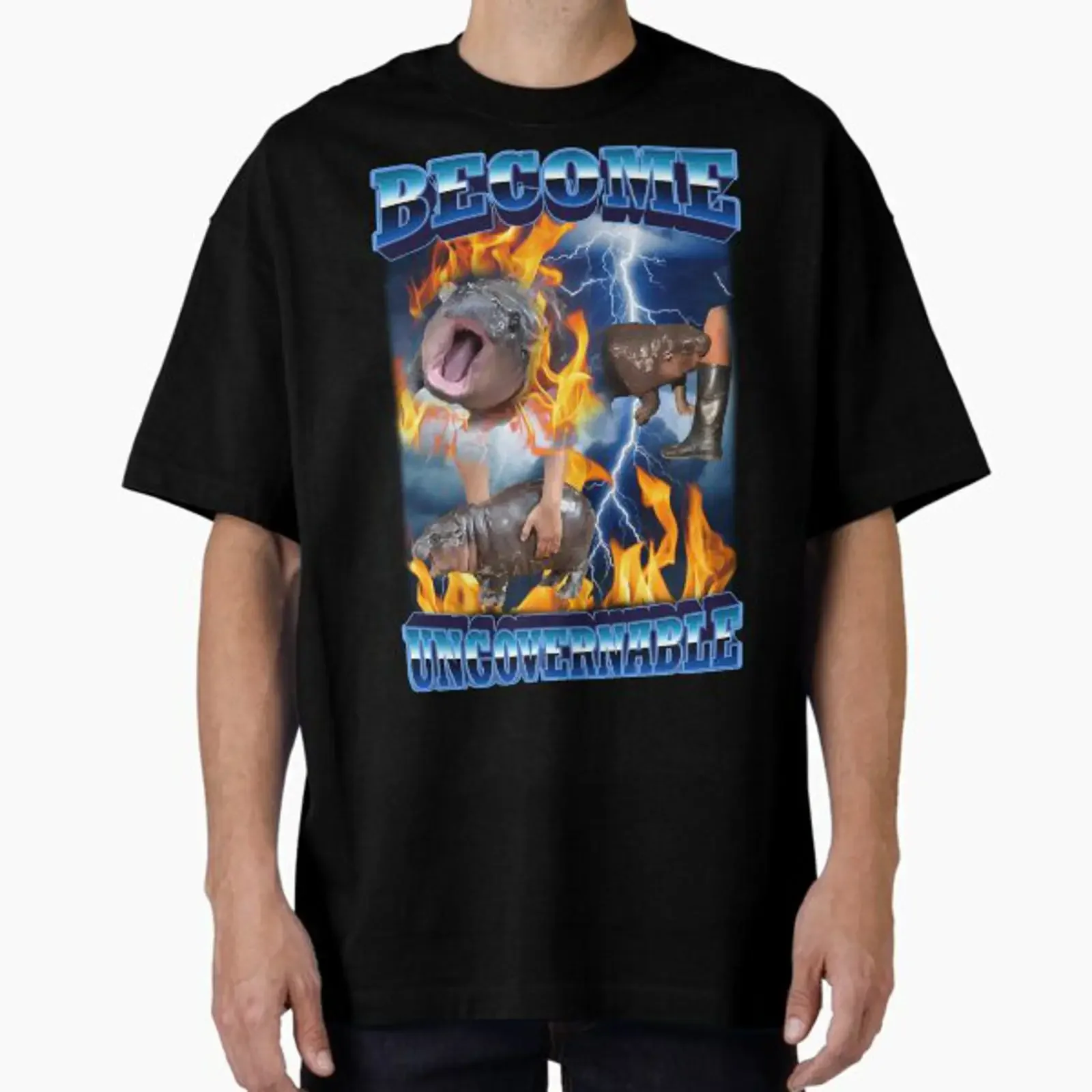 T-shirt Oversize Vintage Lavé Streetwear Polyvalent Légèrement Designer avec Meme Amusant Bébé Hippopotame Pygmée « Become Ungovernable »
