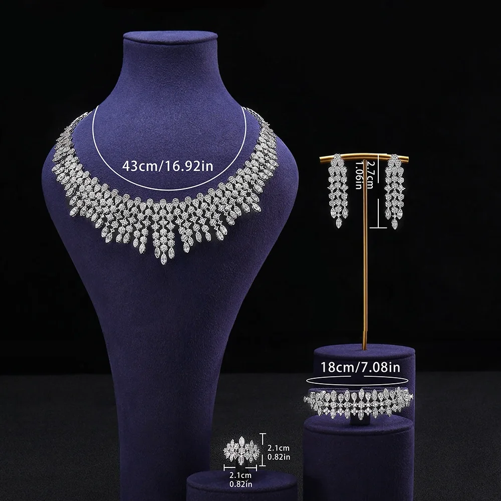 3PCS Luxury AAA Cubic Zirconia Tassel Choker Necklace Bracelet Earring Ring Set Women Bridal Wedding Party Statement Jewelry