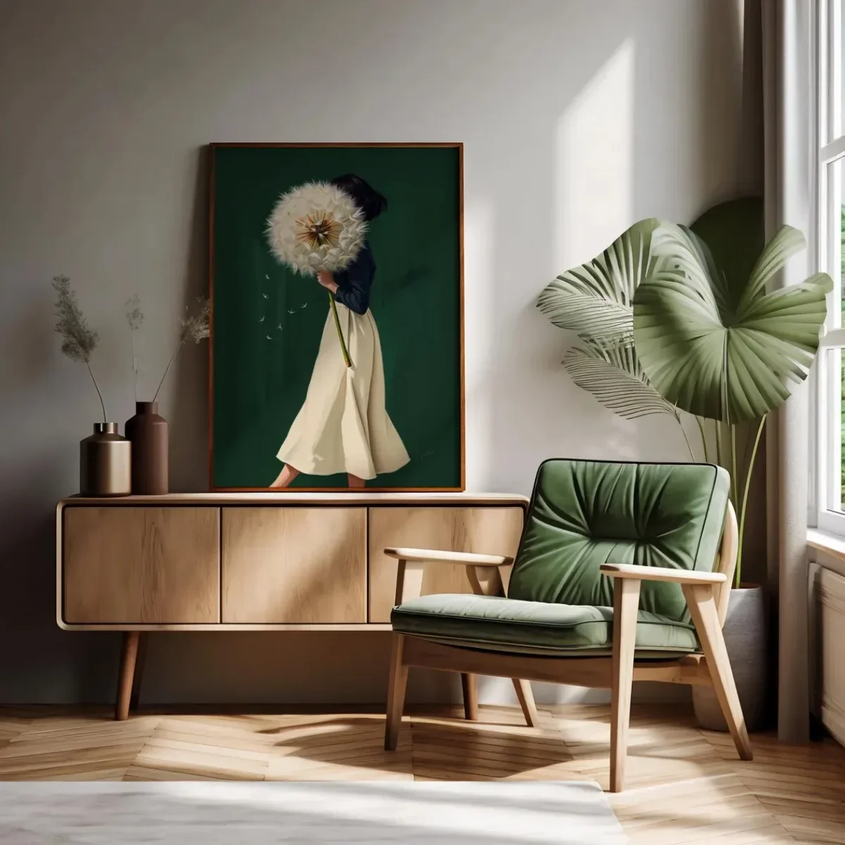 2026 Emerald Green Woman With Dandelion Canvas Prints Poster modern Minimalist abstract Art Prints living Room Wall Art Home Dec
