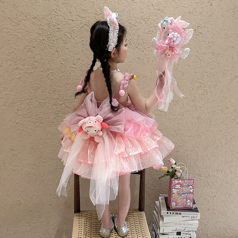 

My Melody dress Girls Summer Sling Skirt Children's Lolita Princess Dress Short Sleeve Birthday gift Party Lace Cake Puffy Skirt