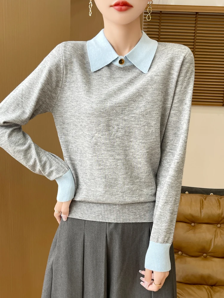 

Ele Lady's Knitted Long Sve Split Color Collar Top Inner Wear Casual Comfortable Loose Fit Knitwear for Autumn