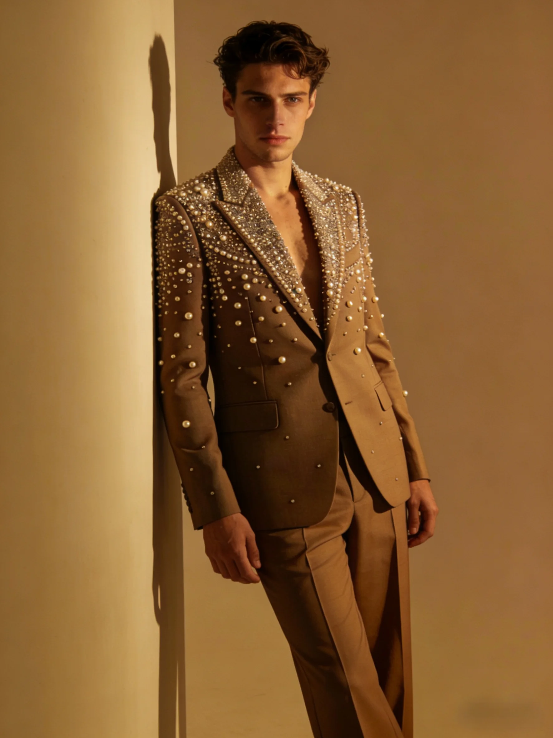 Pearls Stone Men Suit Set 2 Piece Blazer+Pants  Cotton Prom Wedding Tuxedos Coat Customized Formal Office Fashion Jacket