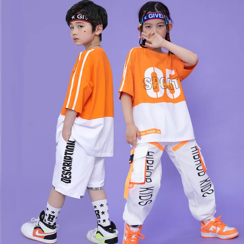 Boys Hip Hop Contrast T-shirt Cargo Pants Girls Street Dance Shorts Children Loose Streetwear Kids Jazz Costumes Clothes Sets