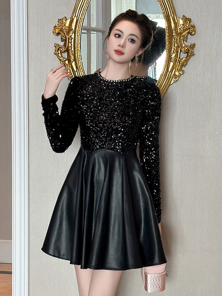 Abiti da donna Moda Dolce Abito da ballo Donna Elegante Lusso Nero Luminoso Paillettes PU Ecopelle Abito da ballo Party Club Abiti